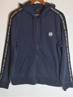 Michael Kors Mens Large Full Zip Hoodie Navy Logo Tape Sleeve Fleece Jacket MK